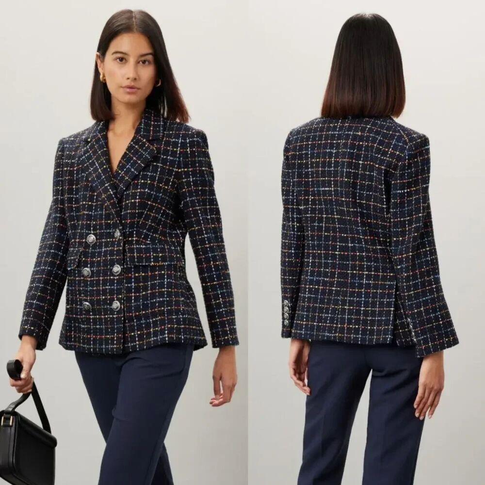 Veronica Beard Rumer Tweed Blazer Navy Multi Size 8 Double Breasted Dickey